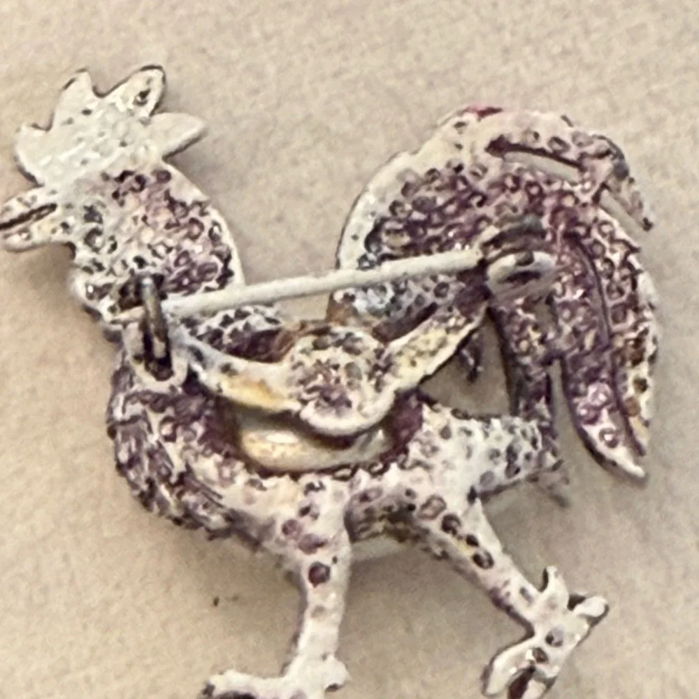 Silver‎ Tone Rooster brooch Faux Pearl Aurora Borealis Crystals Fancy Farmhouse